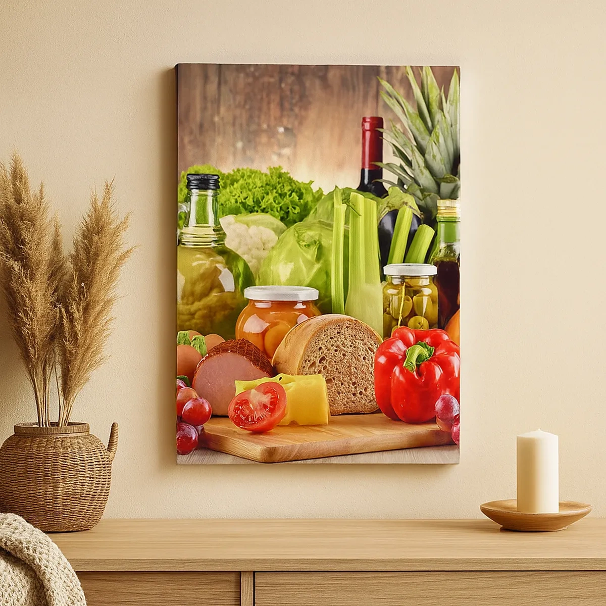 Bild auf Leinwand - Leinwandbild - Buntes Obst, Gemüse und Lebensmittel - 50x70cm - Geräuchert, gebacken und eingelegt - Moderne Wanddekoration für Wohnzimmer und Schlafzimmer ARTTOR