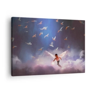Bild auf Leinwand - Leinwandbild - Eine Figur mit Engelsflügeln, die zwischen Vögeln am Himmel schwebt - 70x50cm - Du brauchst Fantasie und Mut - Moderne Wanddekoration für Wohnzimmer und Schlafzimmer ARTTOR