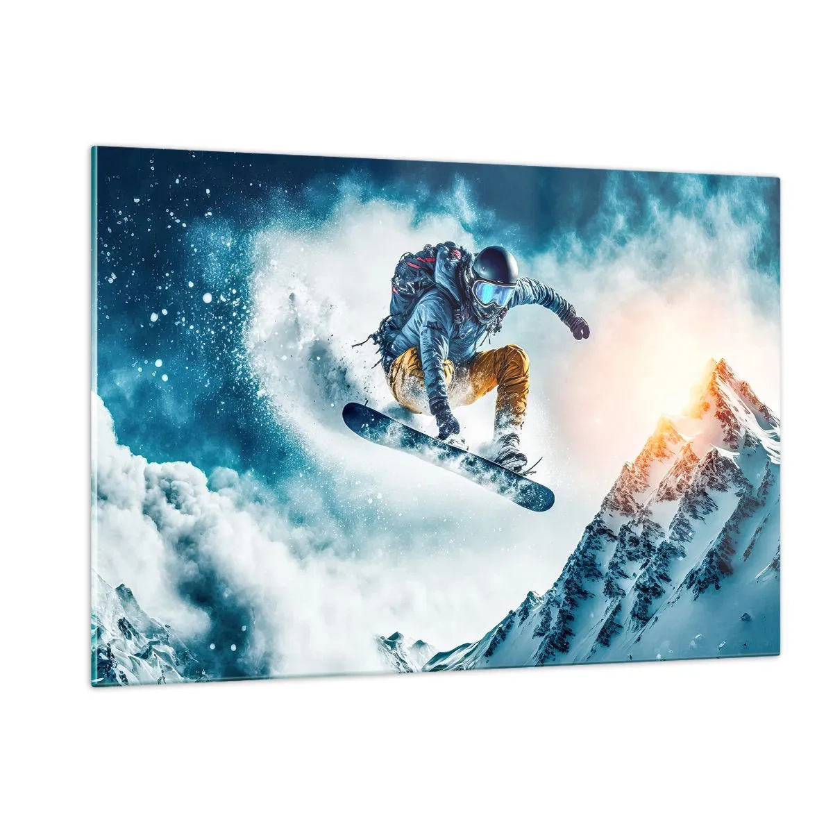 Glasbild - Bild auf glas - Ein Snowboarder fliegt über schneebedeckte Berge - 120x80cm - Extreme Emotionen - Moderne Wanddekoration für Wohnzimmer und Schlafzimmer ARTTOR