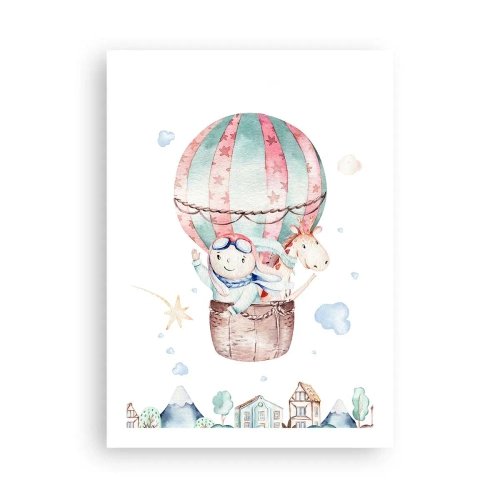 Poster - Eine niedliche Illustration eines Teddybären, der in einem Ballon über einer Stadt fliegt - 50x70cm - Wir kommen bald zurück! - Moderne Wanddekoration für Wohnzimmer und Schlafzimmer ARTTOR