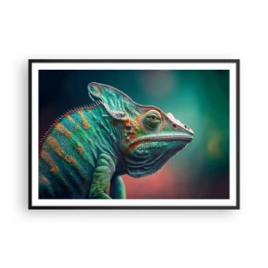 Poster in einem schwarzem Rahmen - Nahaufnahme eines Chamäleons in intensiven Farben - 100x70cm - Siehst du mich? Nicht gut… - Moderne Wanddekoration für Wohnzimmer und Schlafzimmer ARTTOR