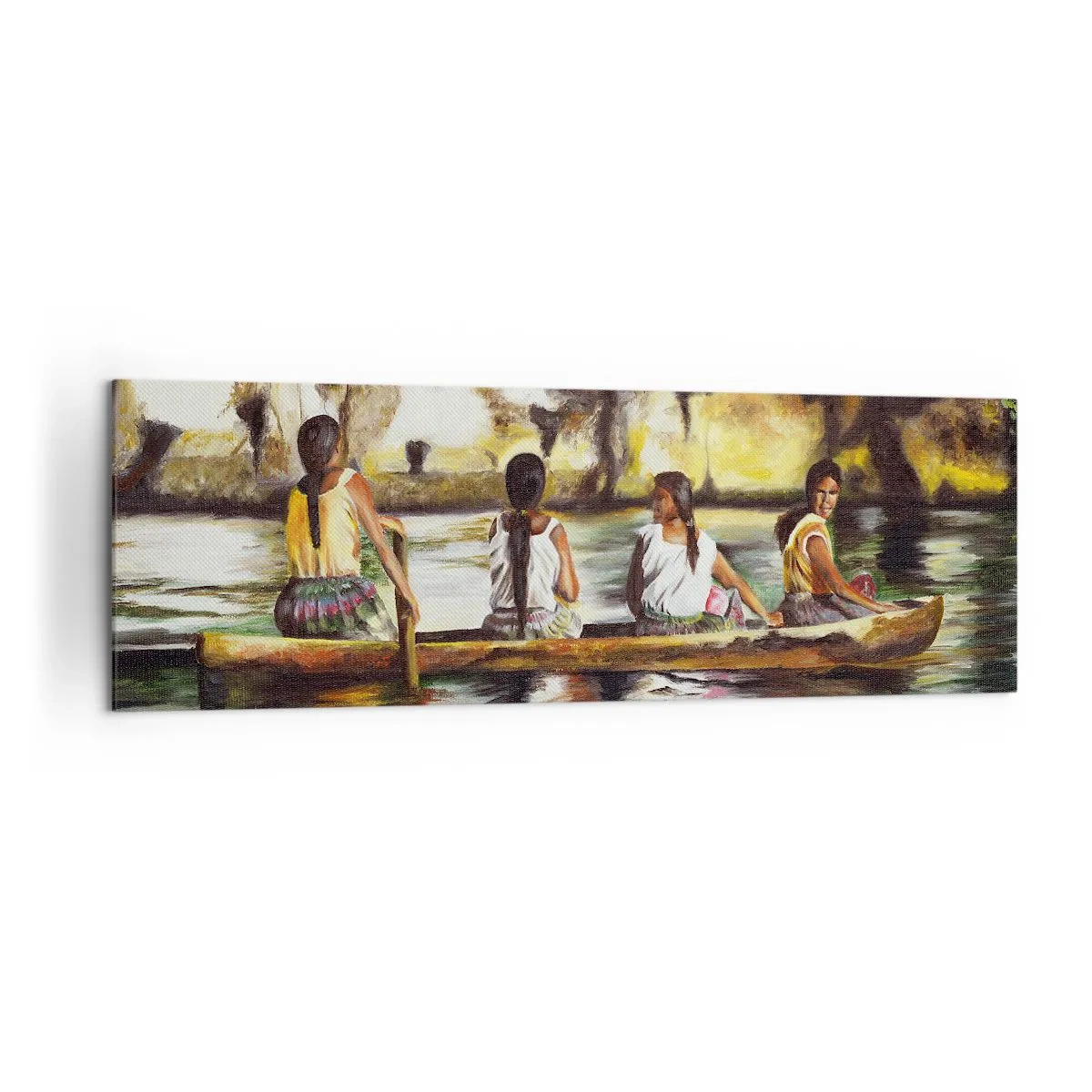 Bild auf Leinwand - Leinwandbild - Frauen in einem Boot auf einem ruhigen Fluss mit malerischer Kulisse - 160x50cm - In einem polynesischen Paradies - Moderne Wanddekoration für Wohnzimmer und Schlafzimmer ARTTOR