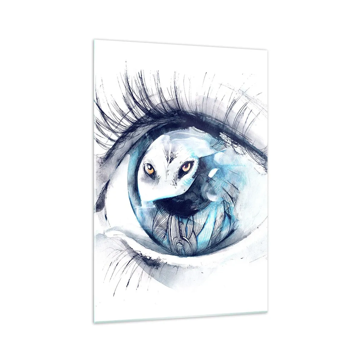 Glasbild - Bild auf glas - Ein Auge mit dem Bild einer Eule in Aquarell-Blautönen - 70x100cm - Auge in Auge mit Wildheit - Moderne Wanddekoration für Wohnzimmer und Schlafzimmer ARTTOR