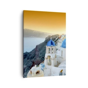 Bild auf Leinwand - Leinwandbild - Blick auf Santorini mit weißen Gebäuden und blauem Meer - 50x70cm - Santorini - an die Felsen gekuschelt - Moderne Wanddekoration für Wohnzimmer und Schlafzimmer ARTTOR