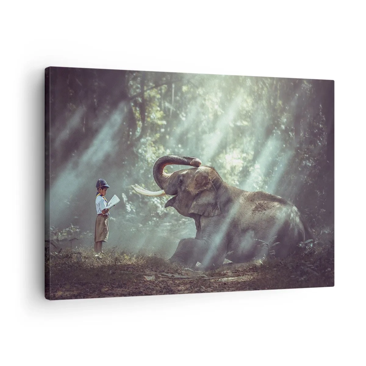 Bild auf Leinwand - Leinwandbild - Ein Junge und ein Elefant in einer sonnenbeschienenen Waldlandschaft - 70x50cm - Und hör dir das an... - Moderne Wanddekoration für Wohnzimmer und Schlafzimmer ARTTOR