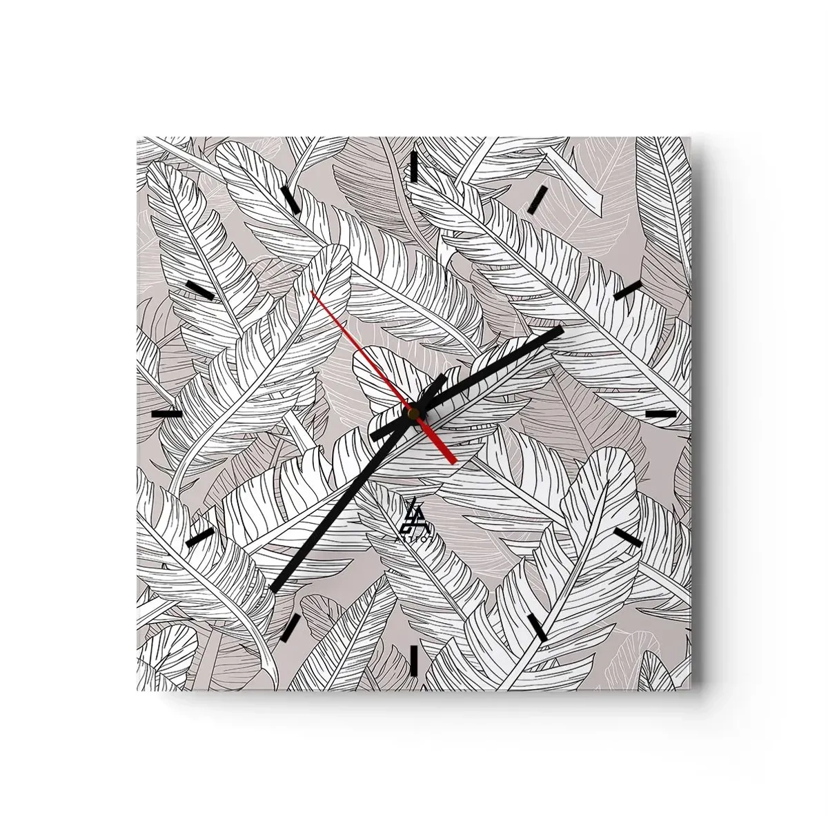 Wanduhr - Glasuhr - Schwarz-weißes Muster mit Bananenblättern auf hellem Hintergrund - 30x30cm - Ein Federwirbel - Moderne Wanddekoration für Wohnzimmer und Schlafzimmer ARTTOR