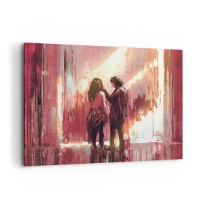 Bild auf Leinwand - Leinwandbild - Ein Paar steht in warmem Licht vor einem Hintergrund aus abstrakten Mustern - 100x70cm - Das ewige Schauspiel der Liebe - Moderne Wanddekoration für Wohnzimmer und Schlafzimmer ARTTOR