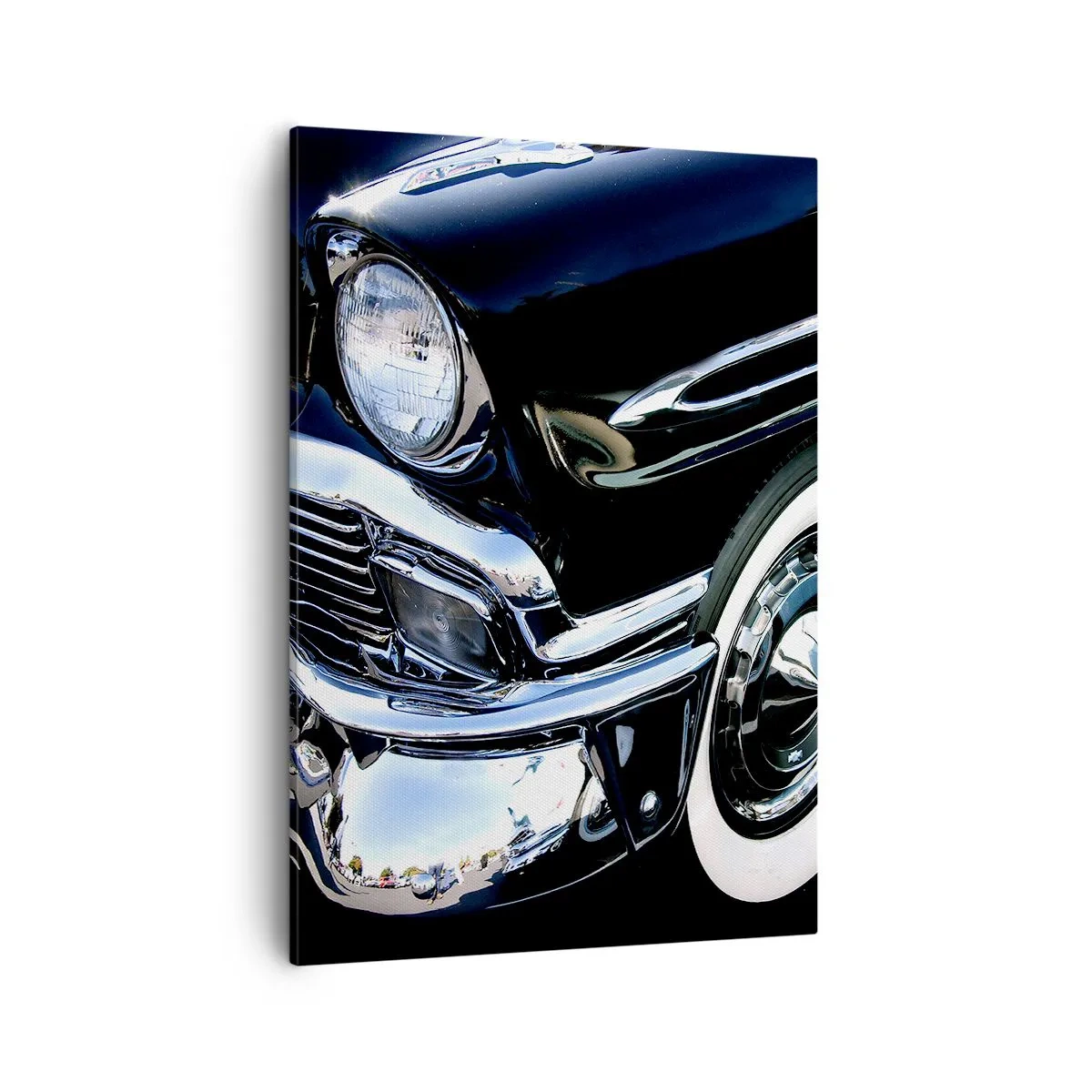 Bild auf Leinwand - Leinwandbild - Schwarzer Oldtimer, Nahaufnahme von Scheinwerfer und Kotflügel - 50x70cm - Klassiker in Silber, Schwarz und Weiß - Moderne Wanddekoration für Wohnzimmer und Schlafzimmer ARTTOR