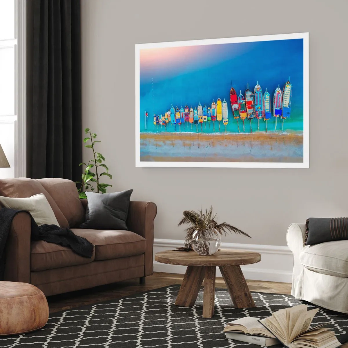 Poster - Bunte Boote in einer Reihe am Ufer aufgereiht - 100x70cm - Aus der Vogelperspektive - Moderne Wanddekoration für Wohnzimmer und Schlafzimmer ARTTOR