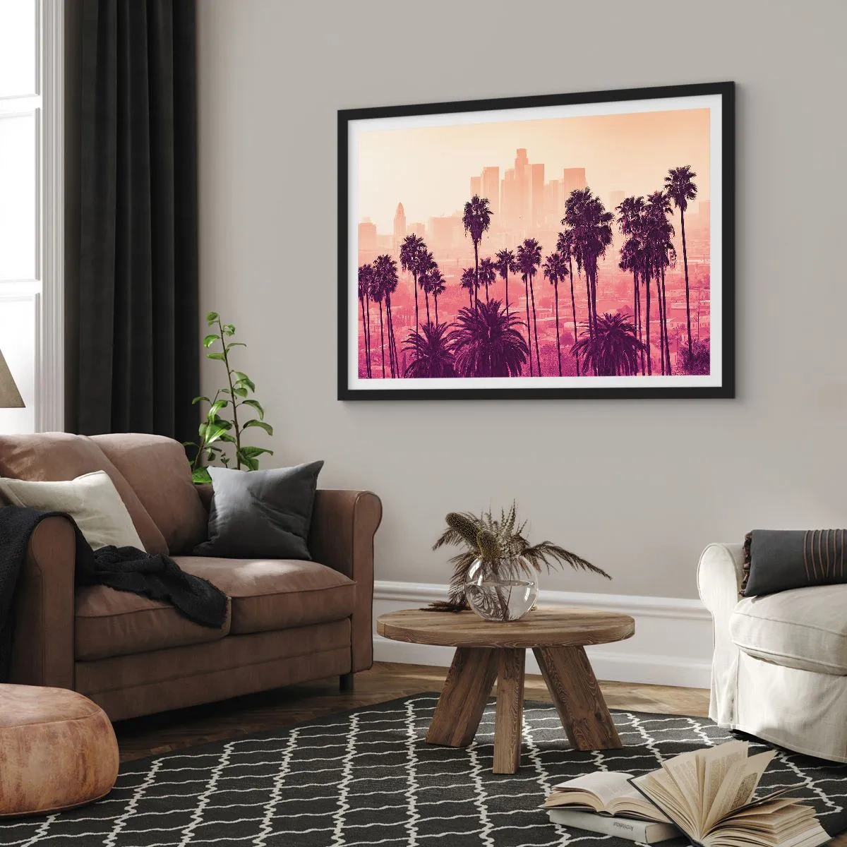 Poster in einem schwarzem Rahmen - Palmen vor der Kulisse einer urbanen Landschaft in warmen Farben - 70x50cm - Kalifornische Landschaft - Moderne Wanddekoration für Wohnzimmer und Schlafzimmer ARTTOR