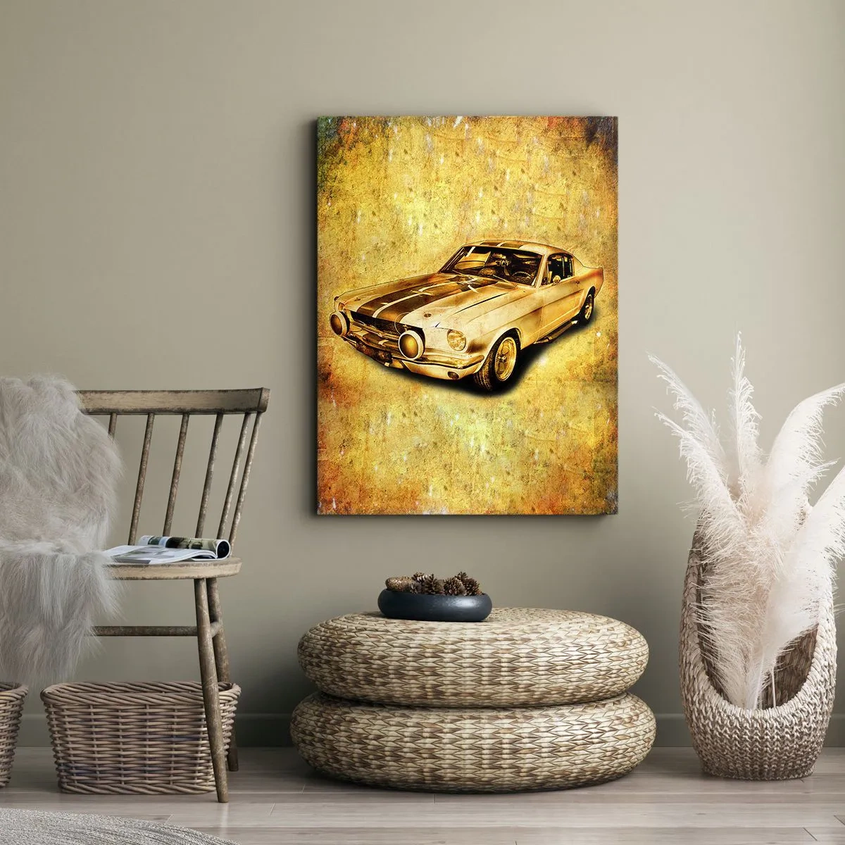 Bild auf Leinwand - Leinwandbild - Klassischer Retro-Sportwagen auf Vintage-Hintergrund in Goldtönen - 50x70cm - Die verrückten 70er Jahre - Moderne Wanddekoration für Wohnzimmer und Schlafzimmer ARTTOR