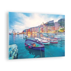Glasbild - Bild auf glas - Abendlicher Blick auf Cinque Terre mit seinen farbenfrohen Gebäuden - 70x50cm - Bunter Abend im Hafen - Moderne Wanddekoration für Wohnzimmer und Schlafzimmer ARTTOR