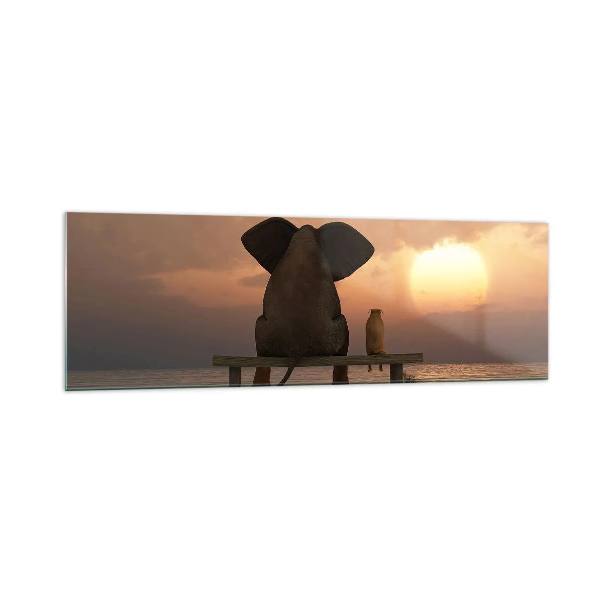 Glasbild - Bild auf glas - Ein Elefant und ein Hund sitzen während des Sonnenuntergangs auf einer Bank am Strand. - 160x50cm - Es tut gut zusammen zu schweigen - Moderne Wanddekoration für Wohnzimmer und Schlafzimmer ARTTOR