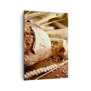 Bild auf Leinwand - Leinwandbild - Knuspriges Brot mit Körnern und Weizenähren auf Holzhintergrund - 50x70cm - Appetitanregend, duftend, knackig - Moderne Wanddekoration für Wohnzimmer und Schlafzimmer ARTTOR