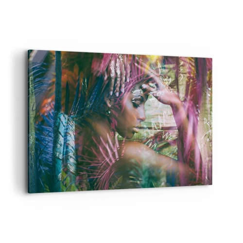 Bild auf Leinwand - Leinwandbild - Porträt einer Frau, umgeben von exotischer Vegetation - 120x80cm - Mutter Natur im Dschungel - Moderne Wanddekoration für Wohnzimmer und Schlafzimmer ARTTOR