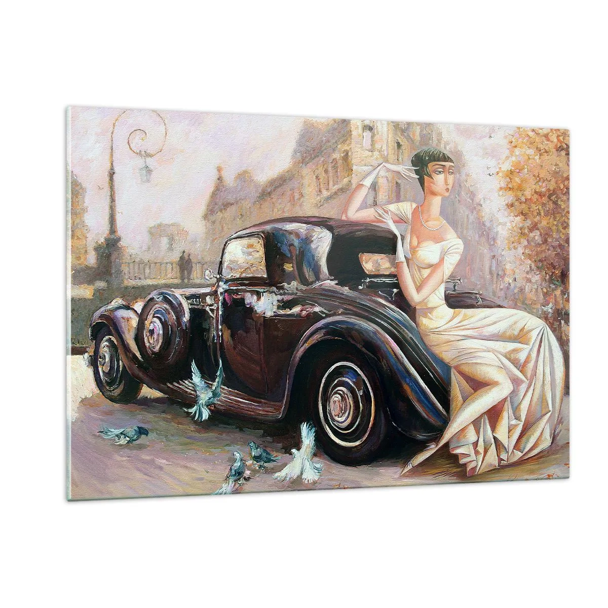 Glasbild - Bild auf glas - Elegante Frau neben einem Retro-Auto in urbaner Umgebung - 120x80cm - Eleganz im Retro-Stil - Moderne Wanddekoration für Wohnzimmer und Schlafzimmer ARTTOR
