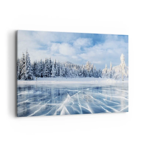 Bild auf Leinwand - Leinwandbild - Ein zugefrorener See, umgeben von einem schneebedeckten Wald - 100x70cm - Eine schillernde und kristallklare Aussicht - Moderne Wanddekoration für Wohnzimmer und Schlafzimmer ARTTOR