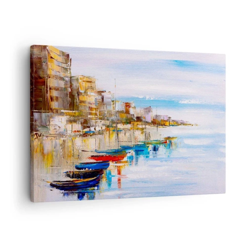 Bild auf Leinwand - Leinwandbild - Bunte Boote am Ufer mit Blick auf die Skyline der Stadt - 70x50cm - Bunte urbane Oase - Moderne Wanddekoration für Wohnzimmer und Schlafzimmer ARTTOR
