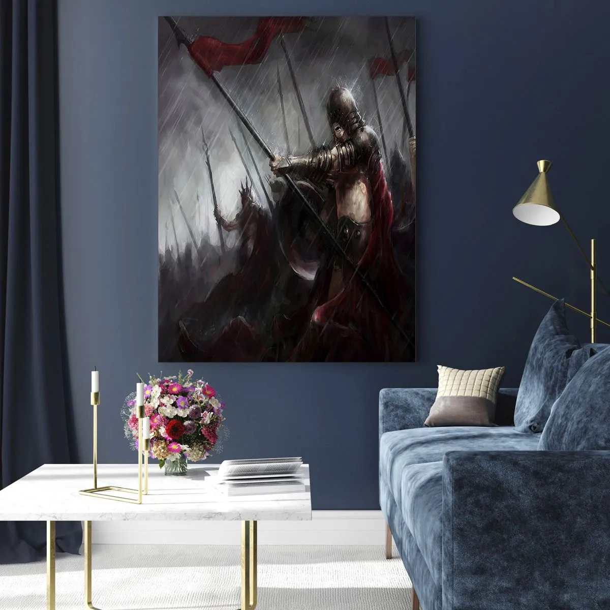 Glasbild - Bild auf glas - Ritter im Regen auf dem Schlachtfeld in voller Montur - 50x70cm - Passant, sag Sparta ... - Moderne Wanddekoration für Wohnzimmer und Schlafzimmer ARTTOR