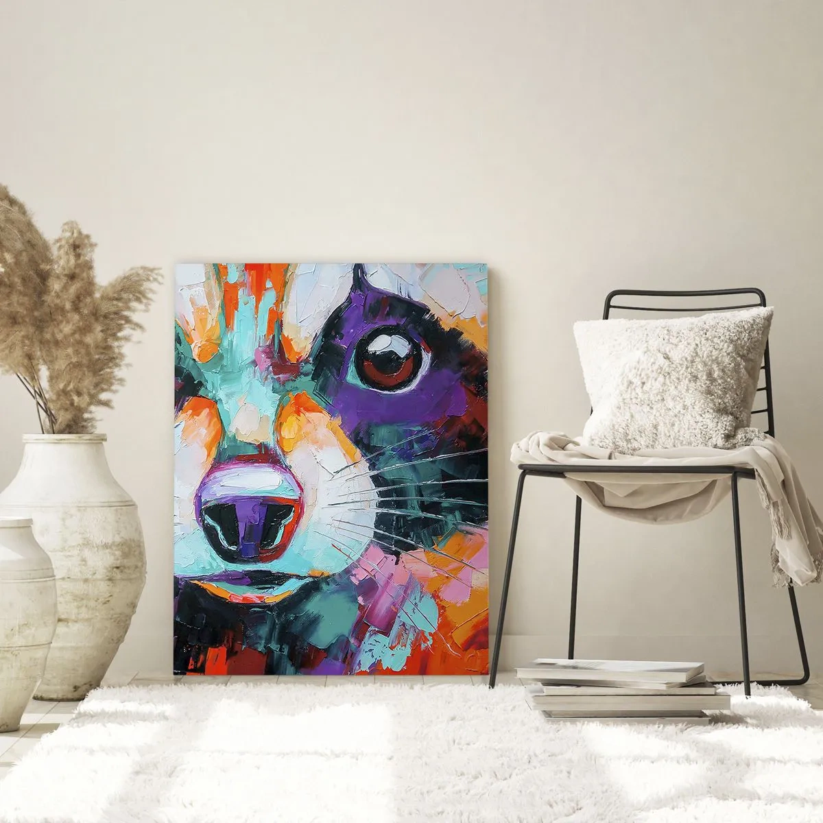 Glasbild - Bild auf glas - Ein lebendiges und farbenfrohes Porträt eines Waschbären, gemalt mit kräftigen Pinselstrichen - 50x70cm - Nur gute Emotionen - Moderne Wanddekoration für Wohnzimmer und Schlafzimmer ARTTOR