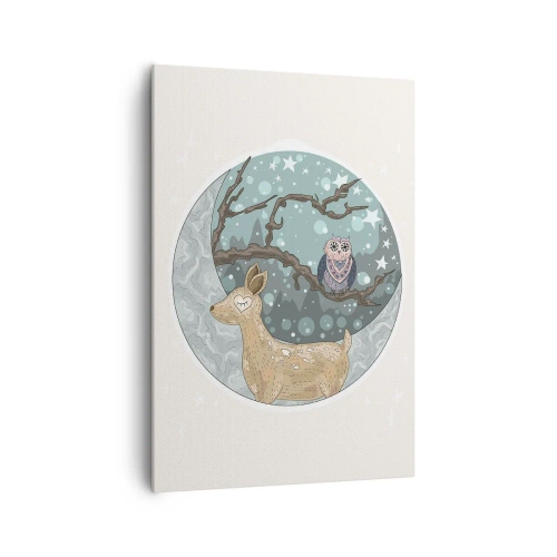 Bild auf Leinwand - Leinwandbild - Ein Reh und eine Eule in einer märchenhaften Nachtlandschaft - 70x100cm - Eine märchenhafte Waldnacht - Moderne Wanddekoration für Wohnzimmer und Schlafzimmer ARTTOR