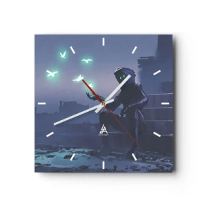 Wanduhr - Glasuhr - Eine vermummte Figur mit magischen Vögeln im Hintergrund einer Stadt - 30x30cm - Das Leben wird zurückkommen - Moderne Wanddekoration für Wohnzimmer und Schlafzimmer ARTTOR