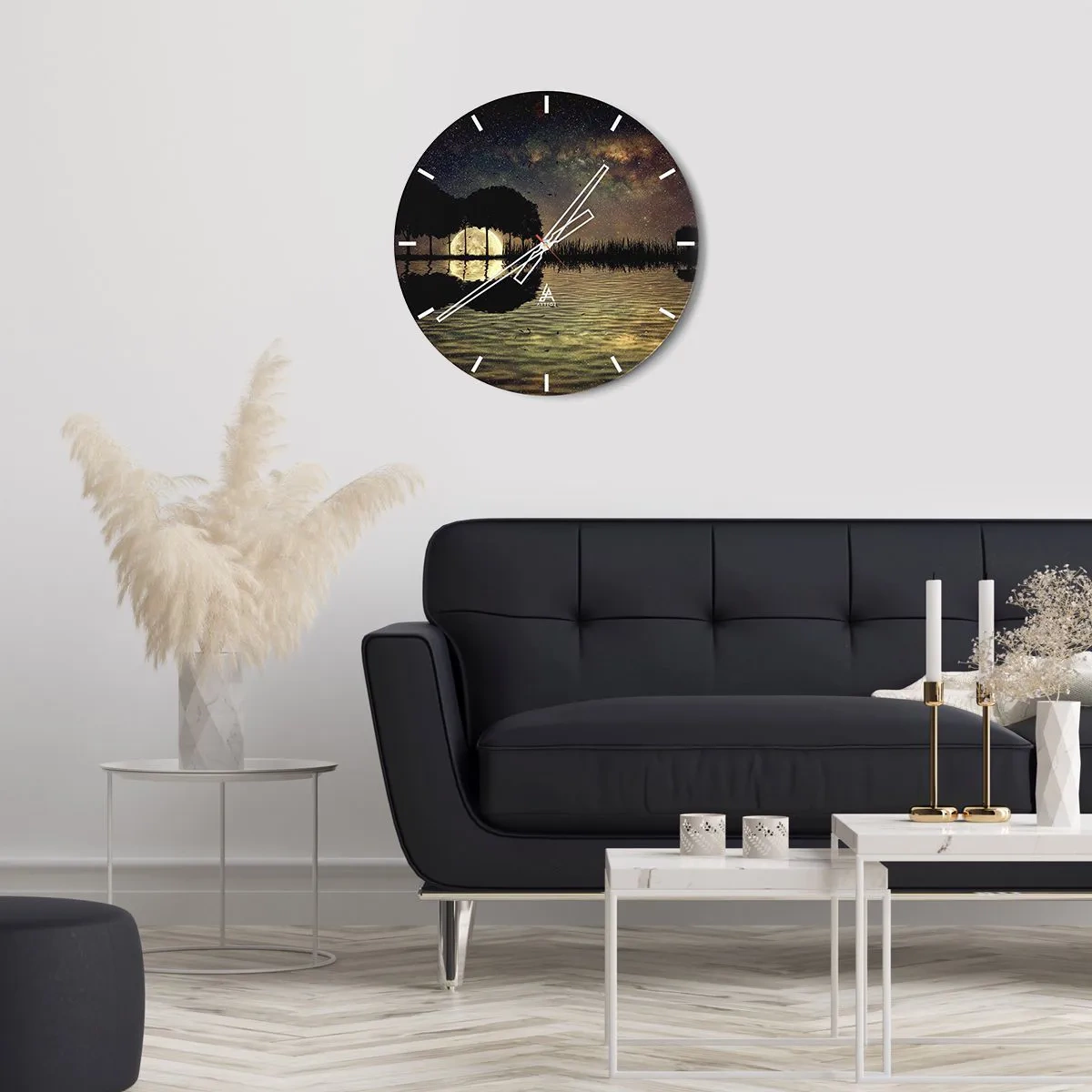 Wanduhr - Glasuhr - Landschaft mit See, Bäumen und Sternenhimmel bei Nacht - 30x30cm - Nacht am Ende der Welt - Moderne Wanddekoration für Wohnzimmer, Küche und Schlafzimmer ARTTOR