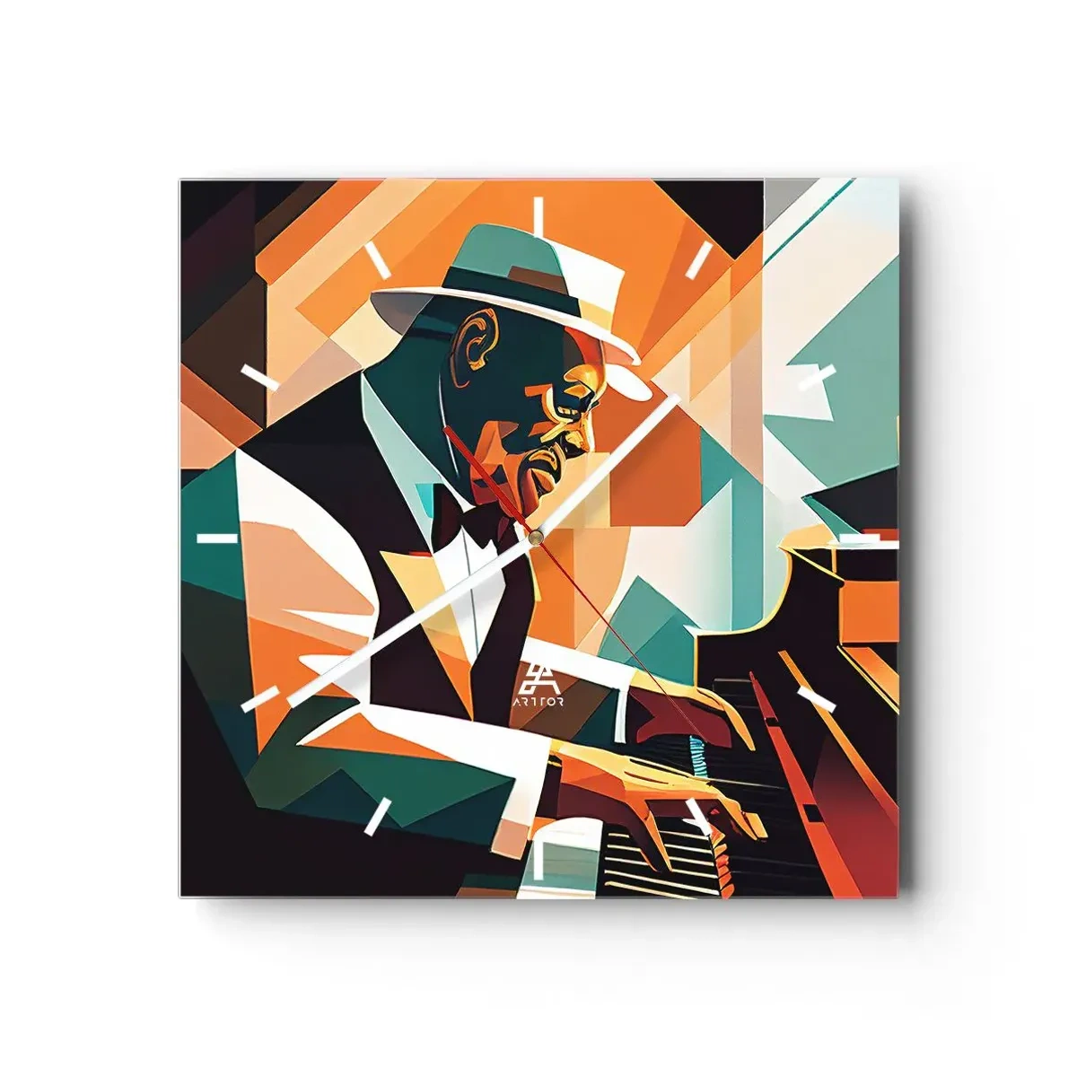 Wanduhr - Glasuhr - Abstrakter Musiker, der in warmen Farben Klavier spielt. - 30x30cm - Alles vom Jazz - Moderne Wanddekoration für Wohnzimmer und Schlafzimmer ARTTOR