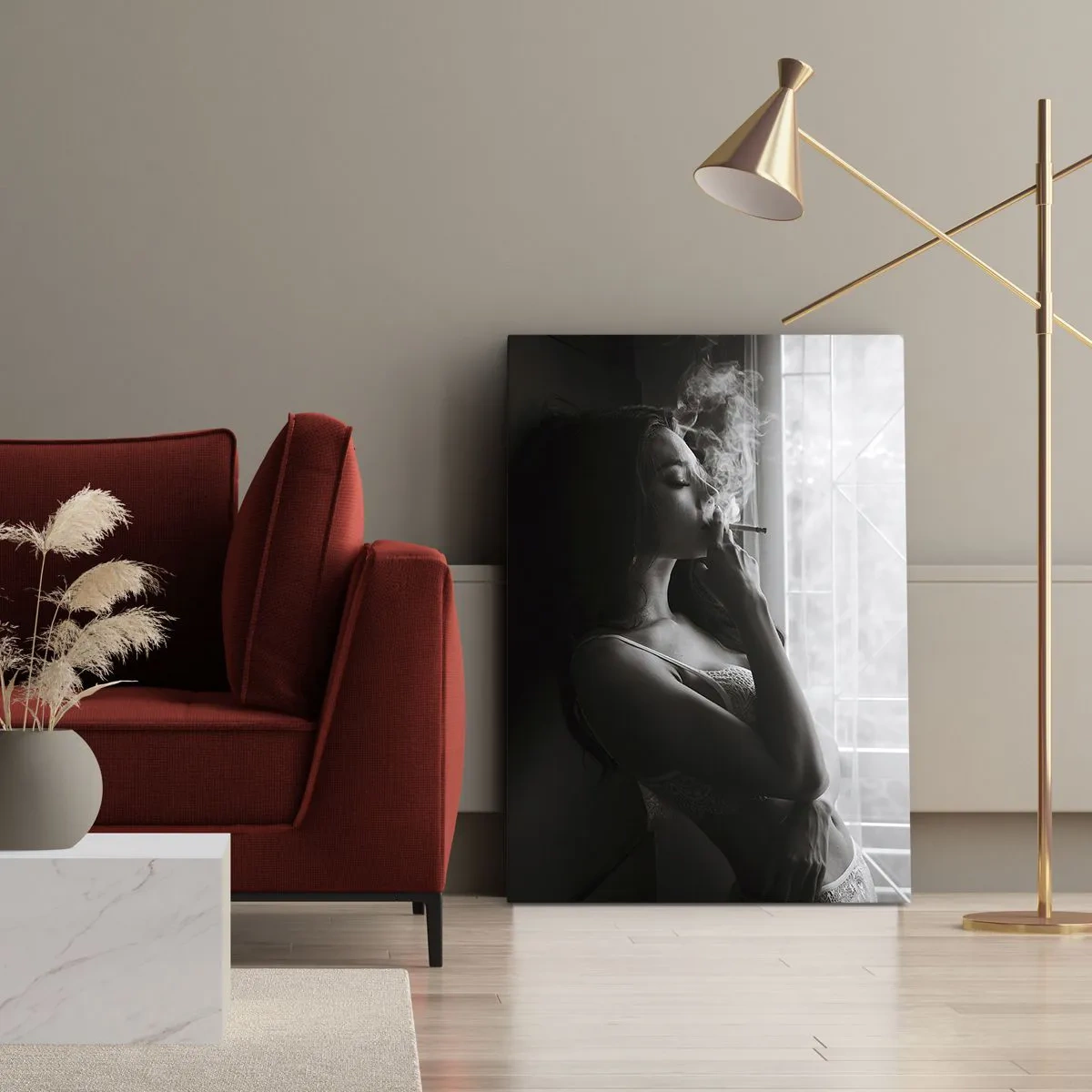 Bild auf Leinwand - Leinwandbild - Eine Frau in sinnlicher Pose auf einem Schwarzweißfoto - 50x70cm - Sinnlicher Moment - Moderne Wanddekoration für Wohnzimmer und Schlafzimmer ARTTOR