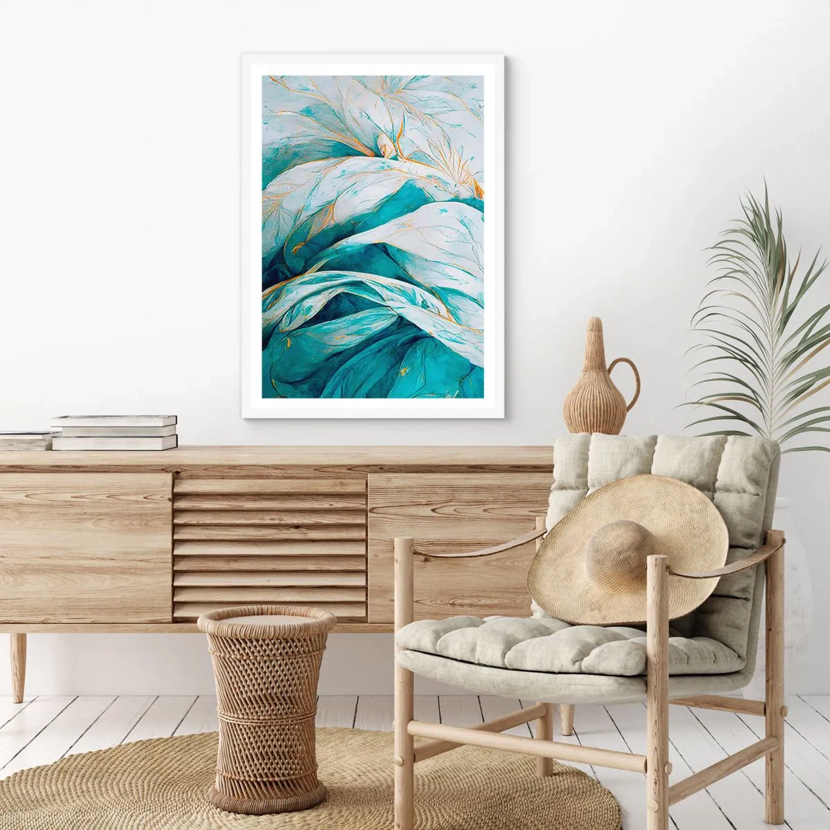 Poster in einem weißen Rahmen - Blaue Abstraktion mit goldenem Motiv - 70x100 cm