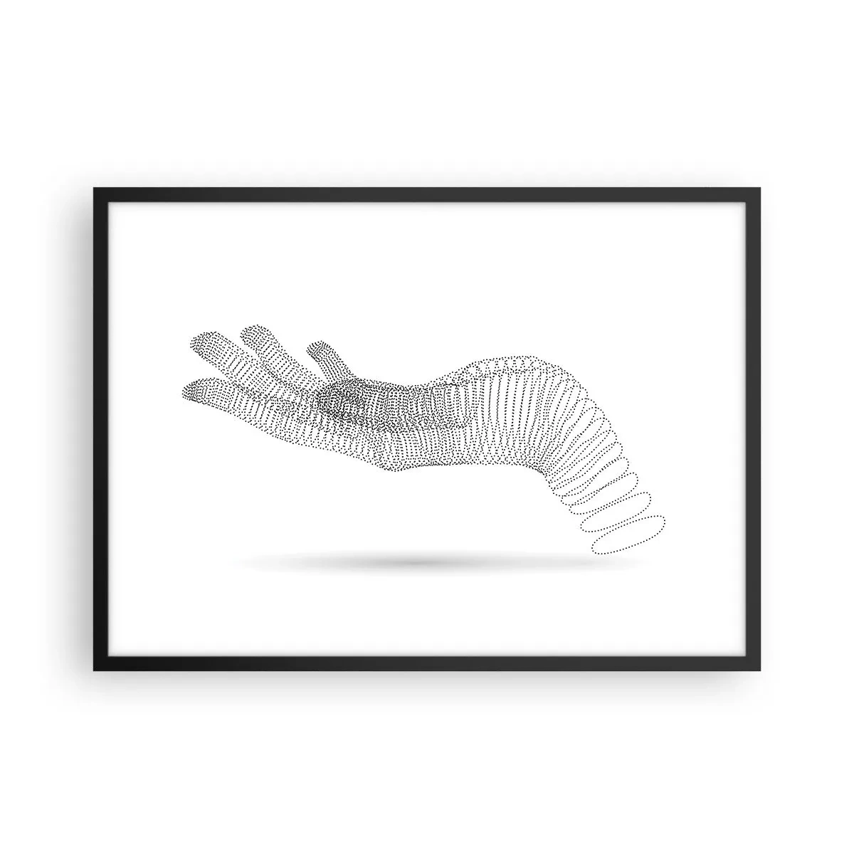 Poster in einem schwarzem Rahmen - Eine minimalistische Illustration einer Hand aus schwarzen Punkten auf weißem Hintergrund. - 70x50cm - Federnde Hand - Moderne Wanddekoration für Wohnzimmer und Schlafzimmer ARTTOR