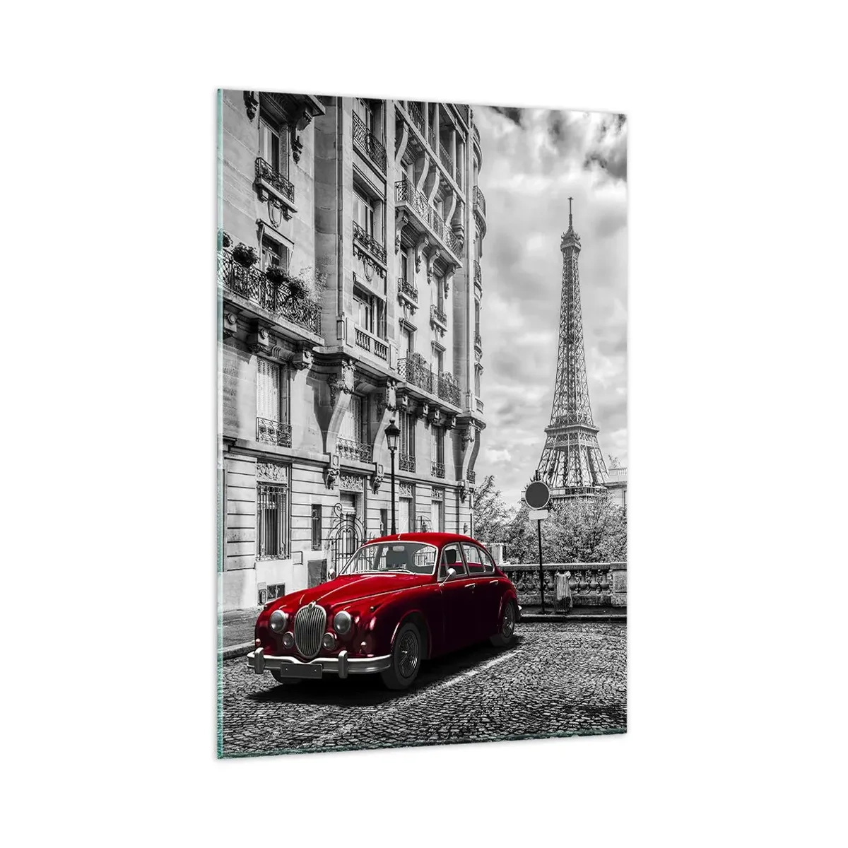 Glasbild - Bild auf glas - Ein rotes Auto mit dem Eiffelturm im Hintergrund in einer schwarz-weißen Umgebung - 80x120cm - Raubtier in der Stadt - Moderne Wanddekoration für Wohnzimmer und Schlafzimmer ARTTOR