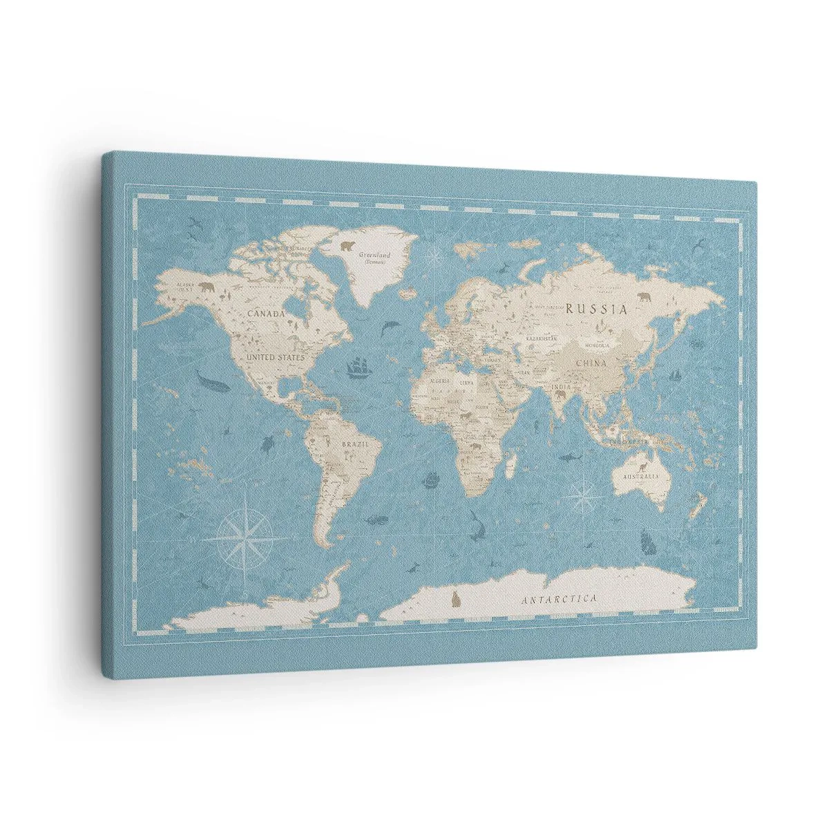 Bild auf Leinwand - Leinwandbild - Dekorative Weltkarte in Blau- und Beigetönen - 70x50cm - Die Welt liegt zum Greifen nah - Moderne Wanddekoration für Wohnzimmer und Schlafzimmer ARTTOR
