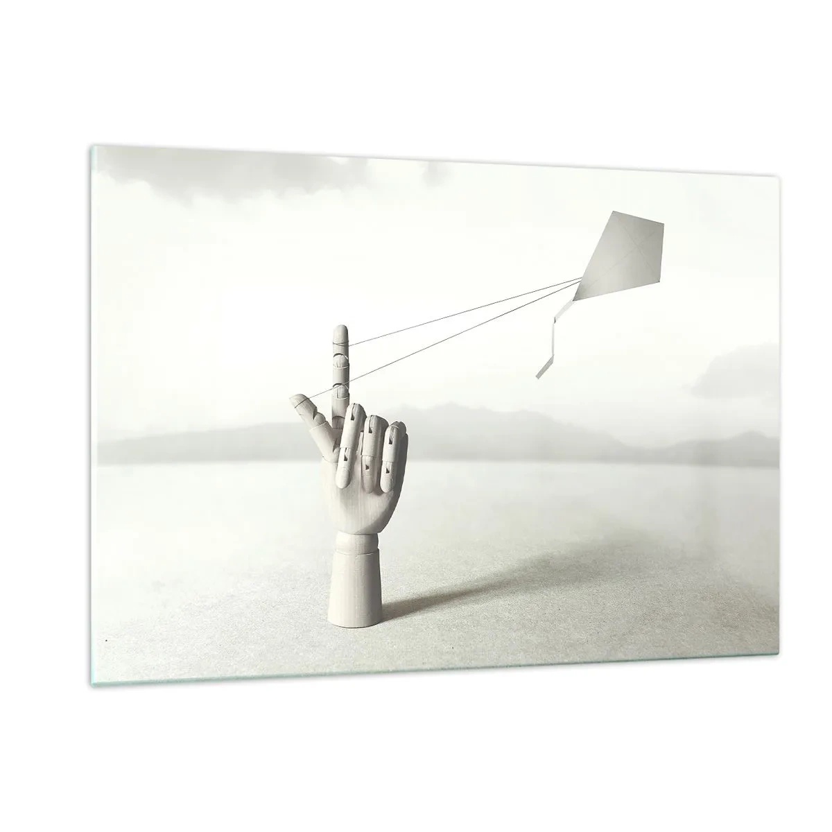 Glasbild - Bild auf glas - Eine Holzhand, die einen schwebenden Drachen auf dem Finger hält - 120x80cm - Kraftprobe - Moderne Wanddekoration für Wohnzimmer und Schlafzimmer ARTTOR