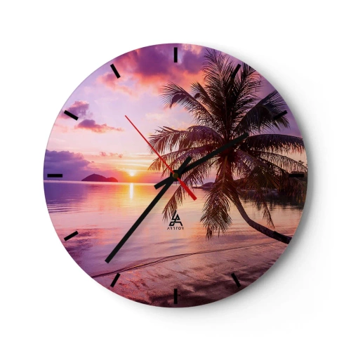 Wanduhr - Glasuhr - Palme an der Küste bei Sonnenuntergang - 30x30cm - Behaglichkeit bis zum Horizont - Moderne Wanddekoration für Wohnzimmer, Küche und Schlafzimmer ARTTOR