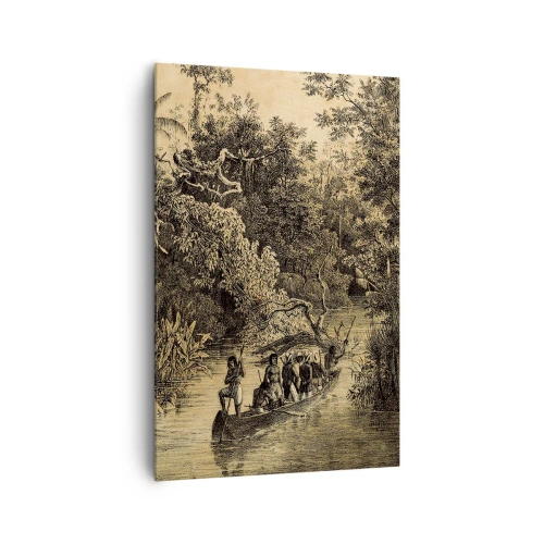 Bild auf Leinwand - Leinwandbild - Zeichnung eines Dschungels mit einem Boot auf einem Fluss - 80x120cm - Expedition zur Quelle - Moderne Wanddekoration für Wohnzimmer und Schlafzimmer ARTTOR