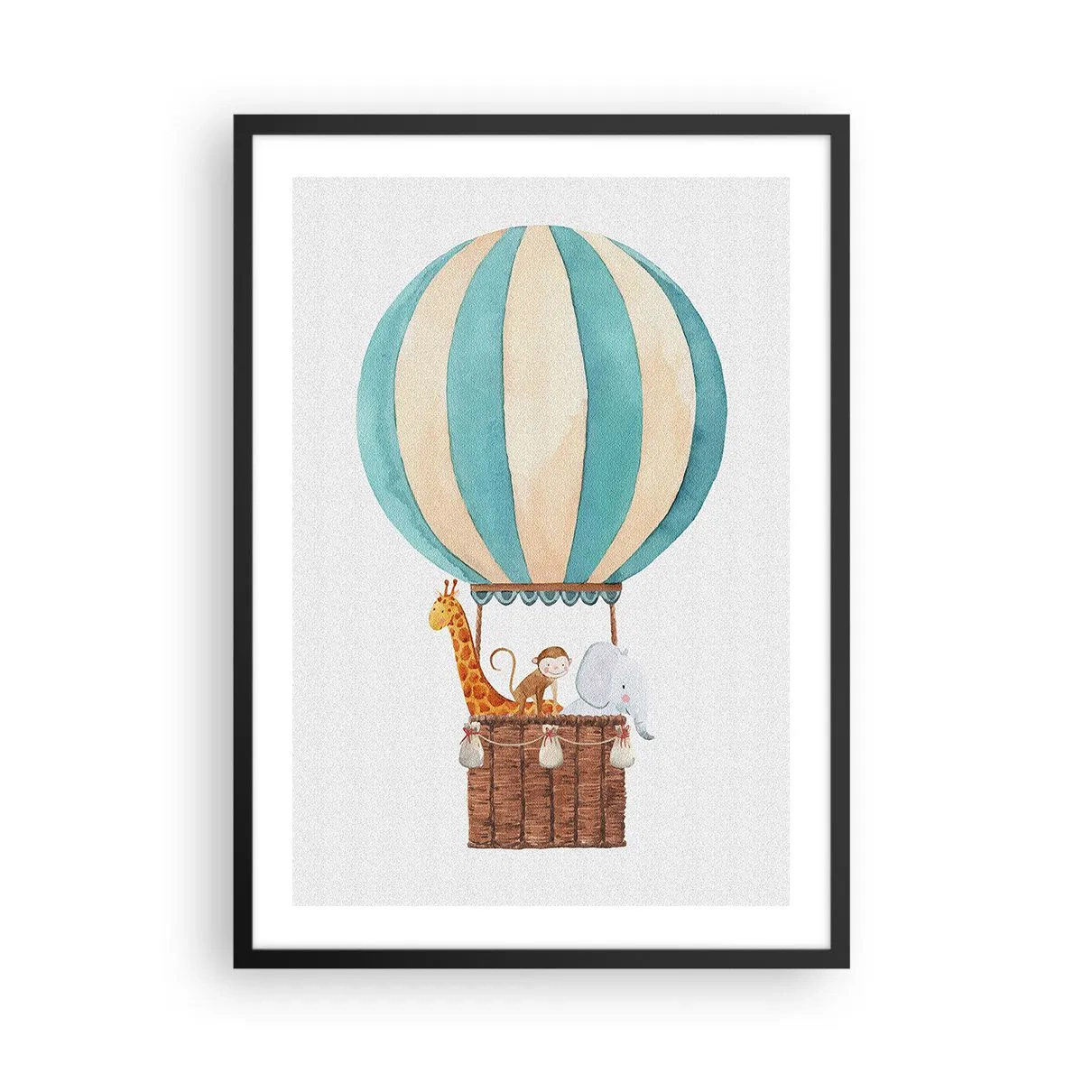 Poster in einem schwarzem Rahmen - Aquarell-Illustration eines Heißluftballons mit niedlichen Tieren - 50x70cm - Fantastische Reise - Moderne Wanddekoration für Wohnzimmer und Schlafzimmer ARTTOR
