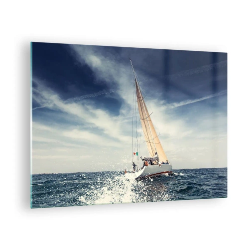 Glasbild - Bild auf glas - Eine Yacht segelt auf stürmischer See unter blauem Himmel - 70x50cm - Sie werden uns nicht einholen! - Moderne Wanddekoration für Wohnzimmer und Schlafzimmer ARTTOR