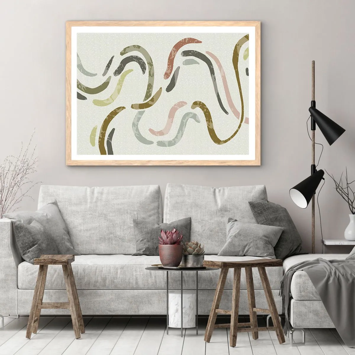 Poster in einem Rahmen aus heller Eiche - Fröhlicher Tanz der Abstraktion - 100x70 cm