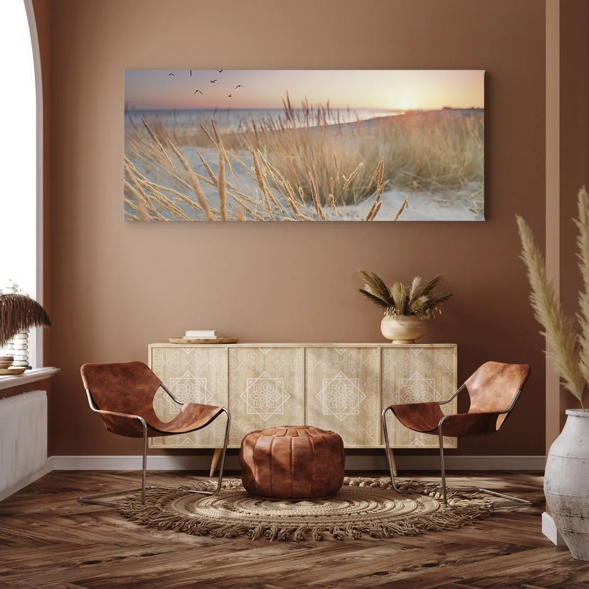 Bild auf Leinwand - Leinwandbild - Sonnenuntergangsstrand mit hohem Gras - 160x50cm - Das baltische Wiegenlied - Moderne Wanddekoration für Wohnzimmer und Schlafzimmer ARTTOR