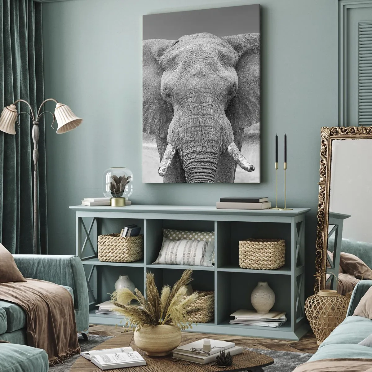 Bild auf Leinwand - Leinwandbild - Porträt eines Elefanten in Schwarz und Weiß - 50x70cm - Willkommen in meiner Welt - Moderne Wanddekoration für Wohnzimmer und Schlafzimmer ARTTOR
