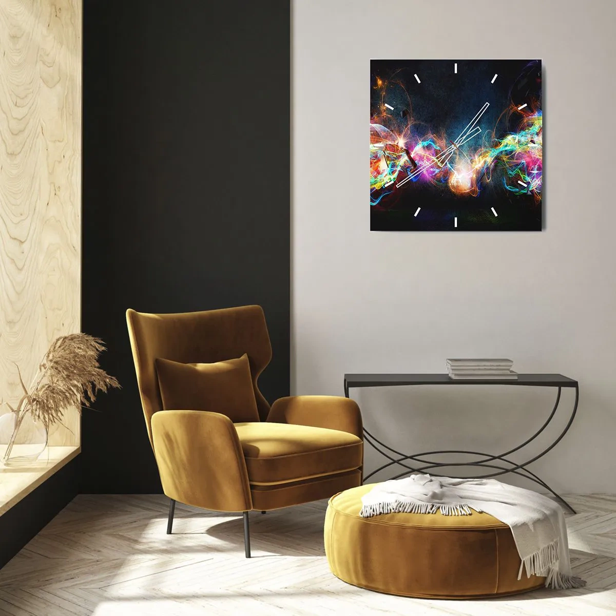 Wanduhr - Glasuhr - Bunte Lichtblitze in einer abstrakten Komposition - 30x30cm - Freudig gegen die Dunkelheit - Moderne Wanddekoration für Wohnzimmer und Schlafzimmer ARTTOR