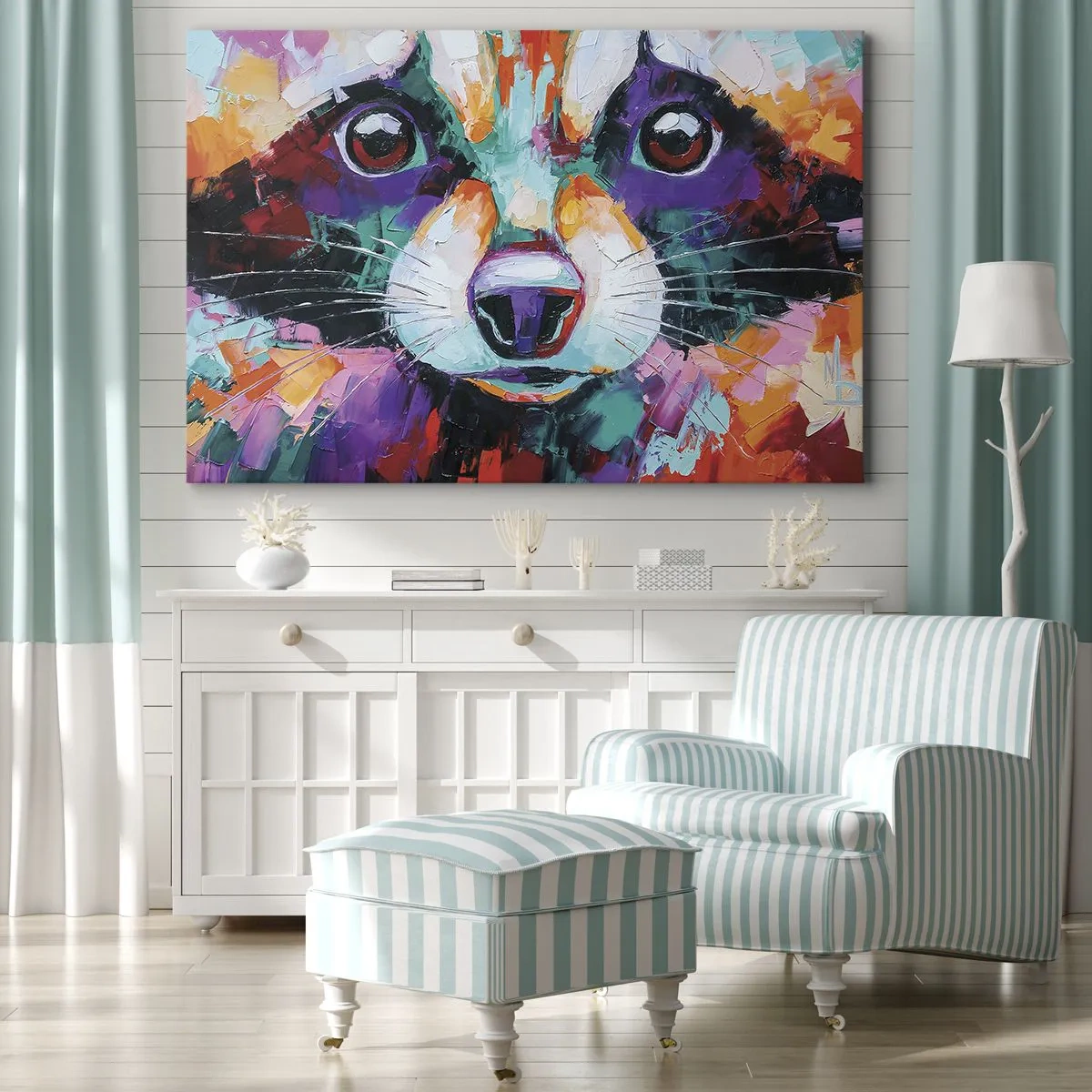 Bild auf Leinwand - Leinwandbild - Ein farbenfrohes Porträt eines Waschbären im Stil der expressiven Malerei. - 70x50cm - Nur gute Emotionen - Moderne Wanddekoration für Wohnzimmer und Schlafzimmer ARTTOR