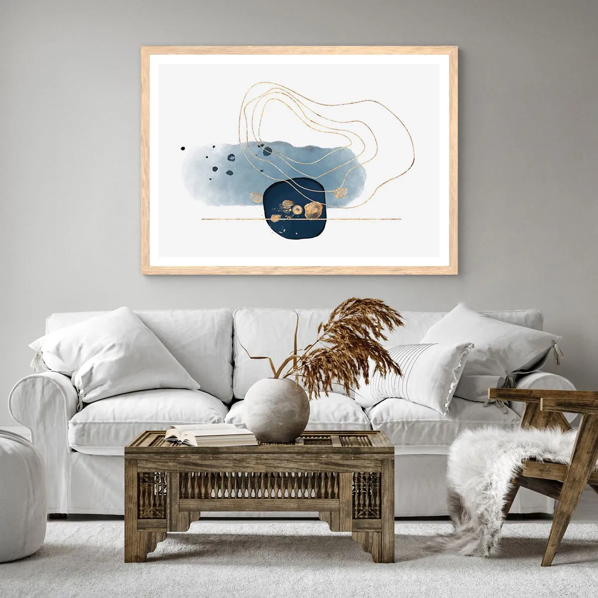 Poster in einem Rahmen aus heller Eiche - Blau-goldene Fantasie - 70x50 cm