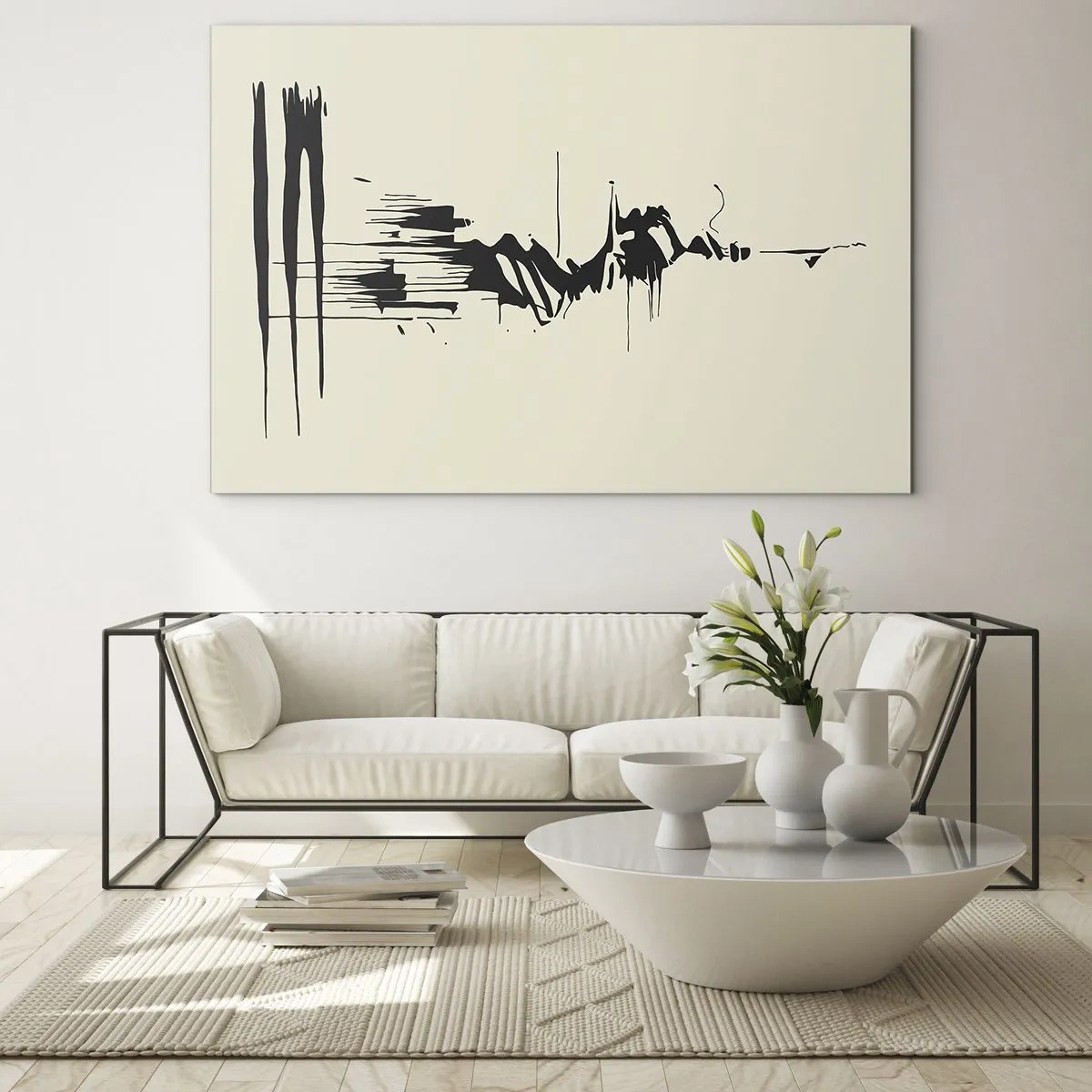 Glasbild - Bild auf glas - Schwarze dynamische Linien und Punkte auf hellem Hintergrund im abstrakten Stil. - 120x80cm - Hastige Abstraktion - Moderne Wanddekoration für Wohnzimmer und Schlafzimmer ARTTOR