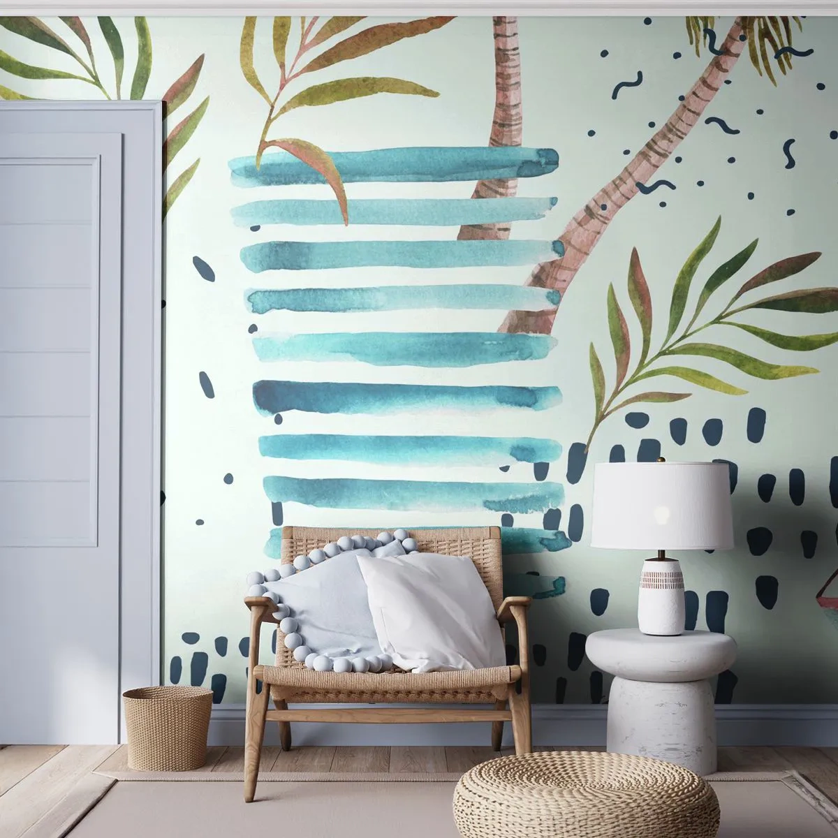 Fototapete Premium Sand - Abstrakte tropische Komposition im Aquarellstil - 100x70cm - Urlaub unter Palmen - Moderne Wanddekoration für Wohnzimmer und Schlafzimmer ARTTOR