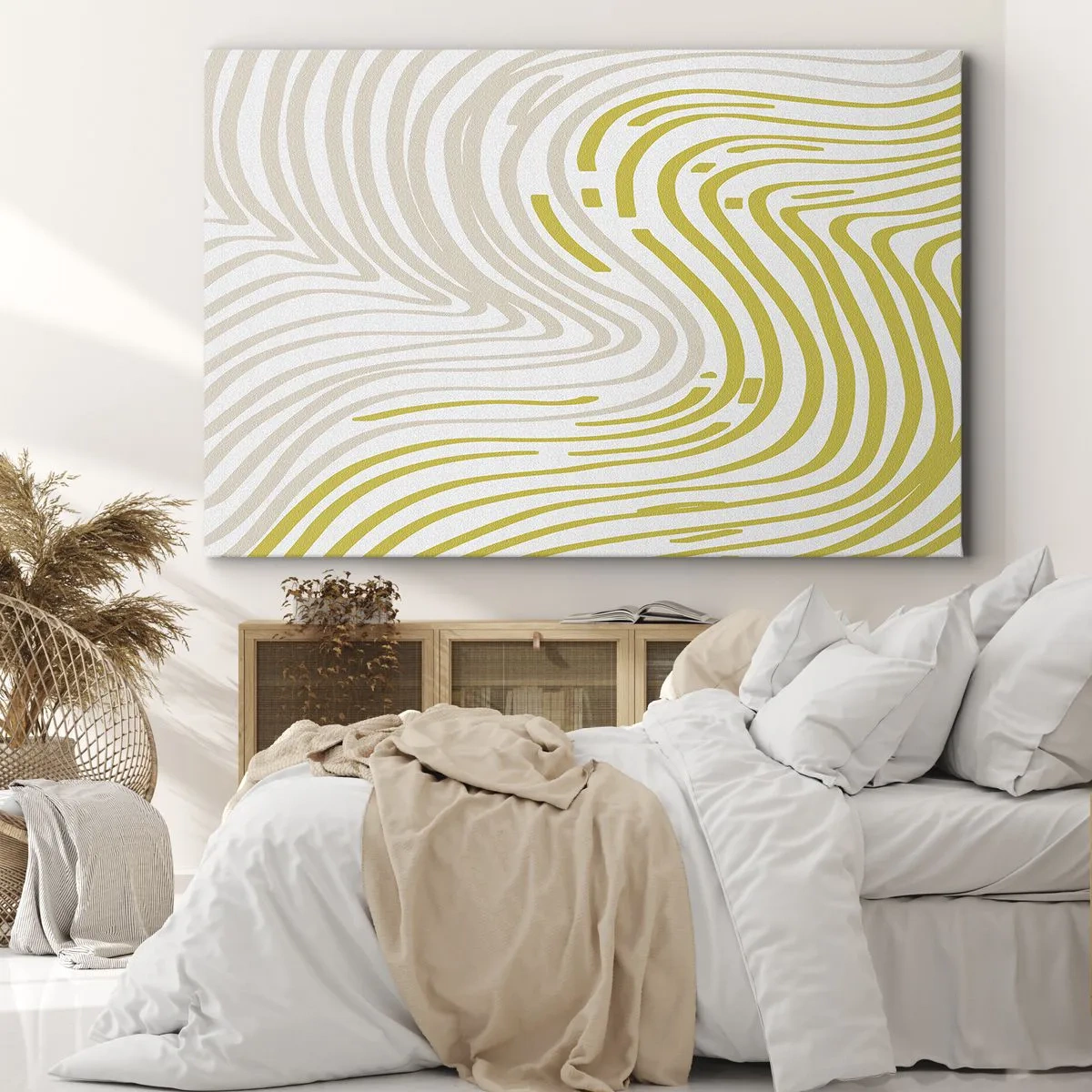 Bild auf Leinwand - Leinwandbild - Ein abstraktes Muster mit Wellenlinien in Gelb- und Beigetönen. - 70x50cm - Komposition mit sanfter Biegung - Moderne Wanddekoration für Wohnzimmer und Schlafzimmer ARTTOR