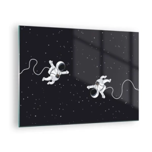 Glasbild - Bild auf glas - Zwei Astronauten schweben im Weltraum - 70x50cm - Kosmischer Tanz - Moderne Wanddekoration für Wohnzimmer und Schlafzimmer ARTTOR
