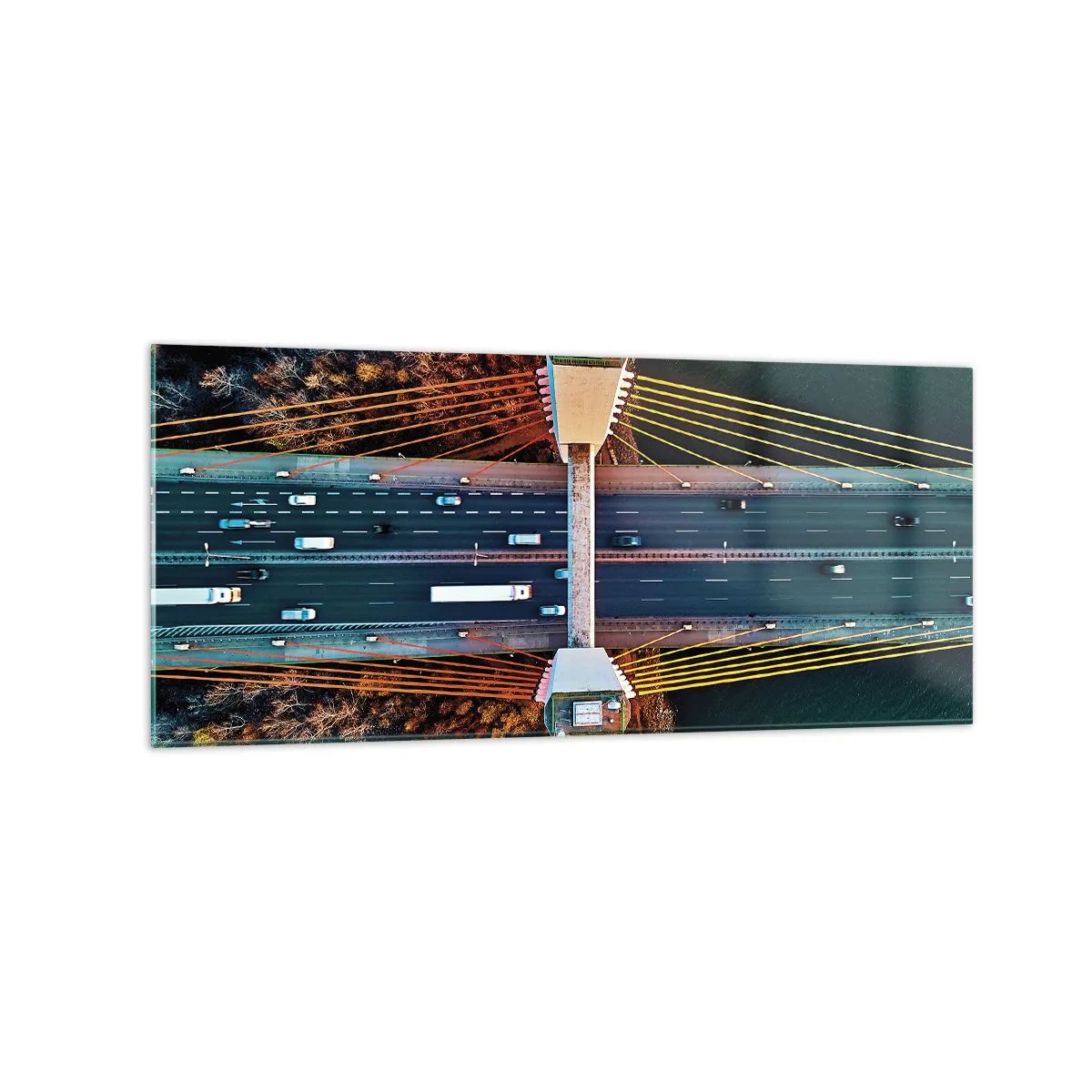 Glasbild - Bild auf glas - Luftaufnahme der Brücke über den Fluss und der Herbstlandschaft - 120x50cm - Jenseits der Gewässer, jenseits der Wälder - Moderne Wanddekoration für Wohnzimmer und Schlafzimmer ARTTOR