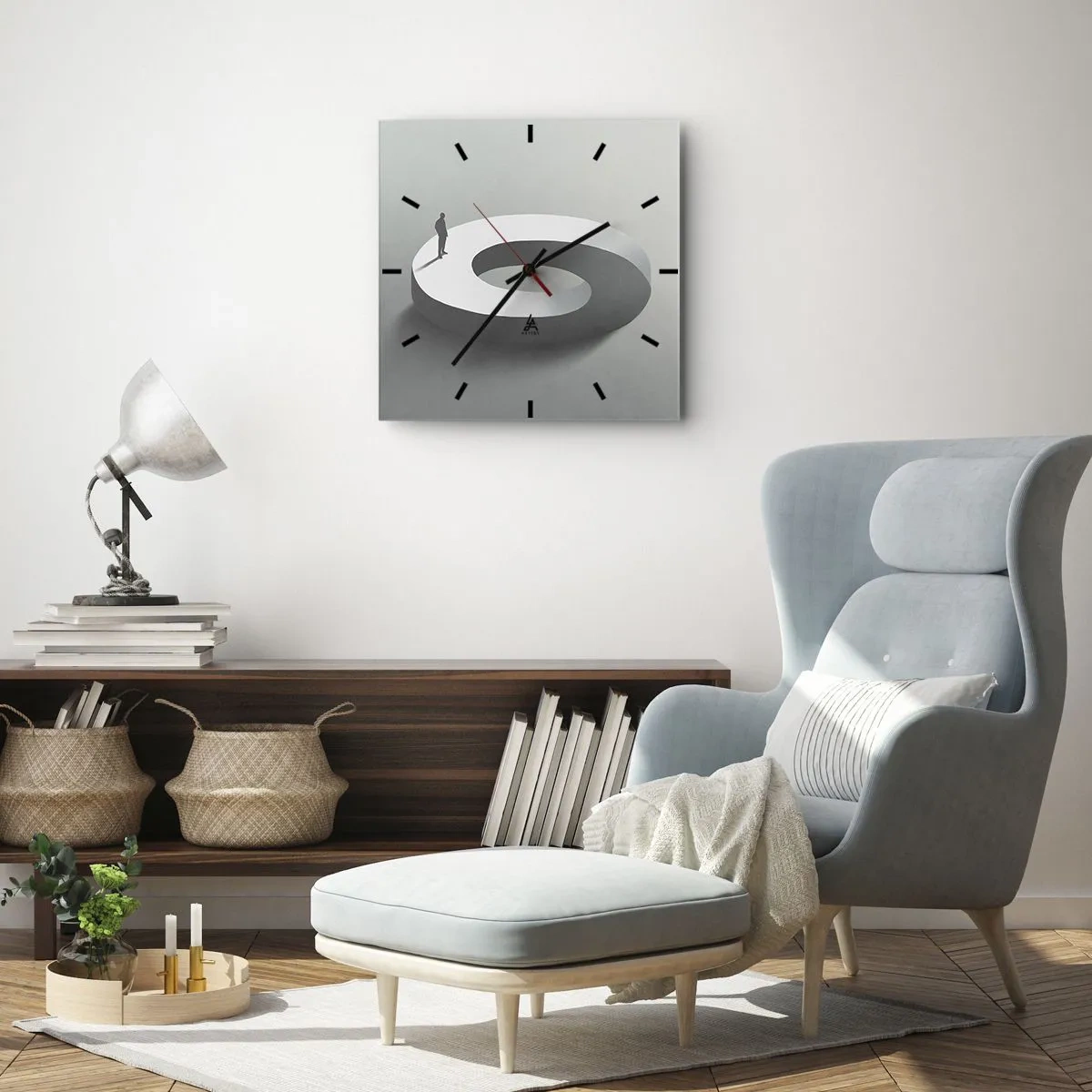 Wanduhr - Glasuhr - Ein Mann auf einer grauen, abstrakten Struktur - 30x30cm - Und wie soll man davon klug werden - Moderne Wanddekoration für Wohnzimmer und Schlafzimmer ARTTOR